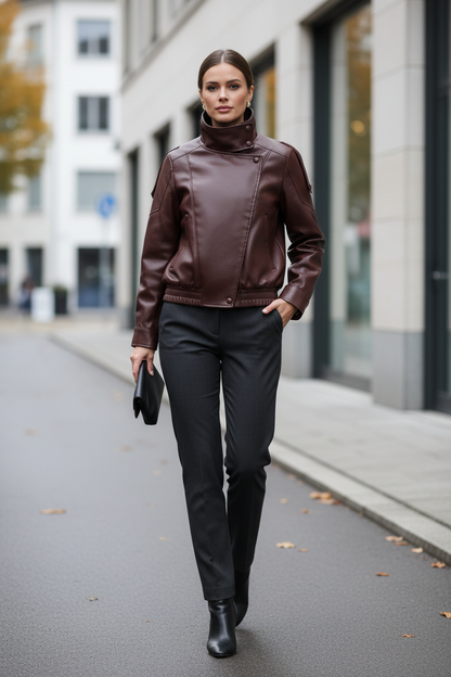 Brown faux leather jacket worn in a city setting