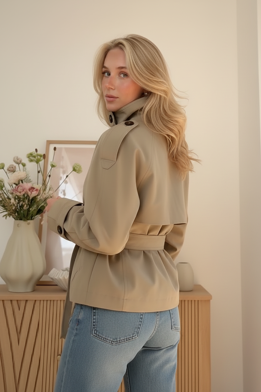 Damen-Polyesterjacke mit doppelreihiger Knopfleiste und Stehkragen