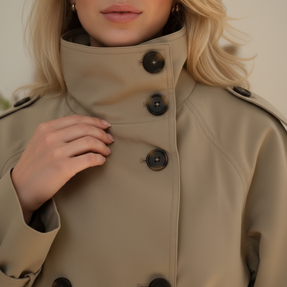 Damen-Polyesterjacke mit doppelreihiger Knopfleiste und Stehkragen